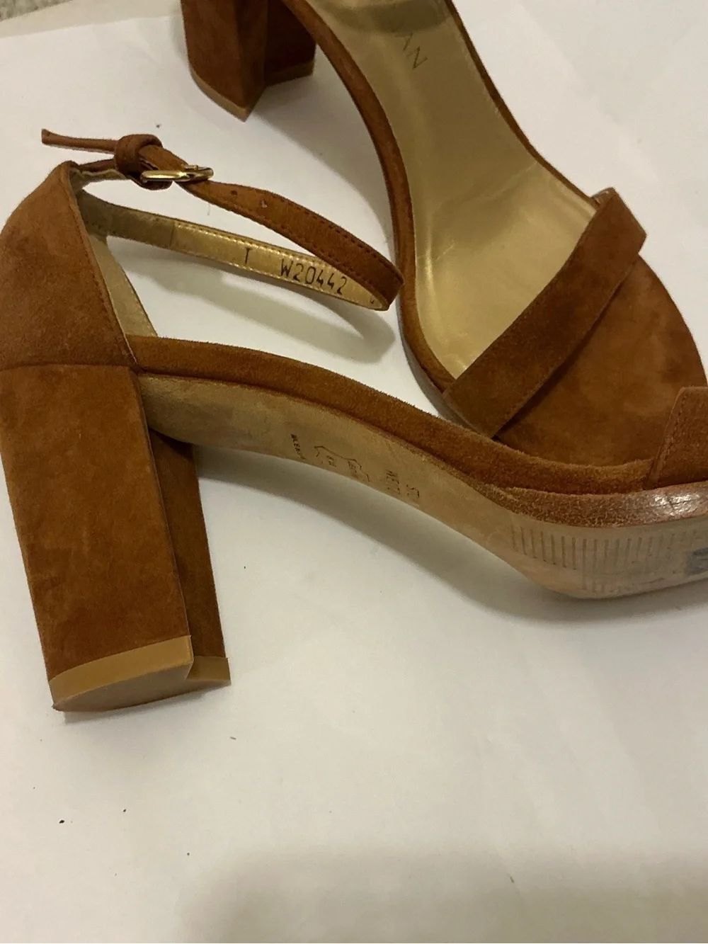 Stuart Weitzman Suede Ankle-Strap Block Heel - Cognac Brown - Picture 5 of 10